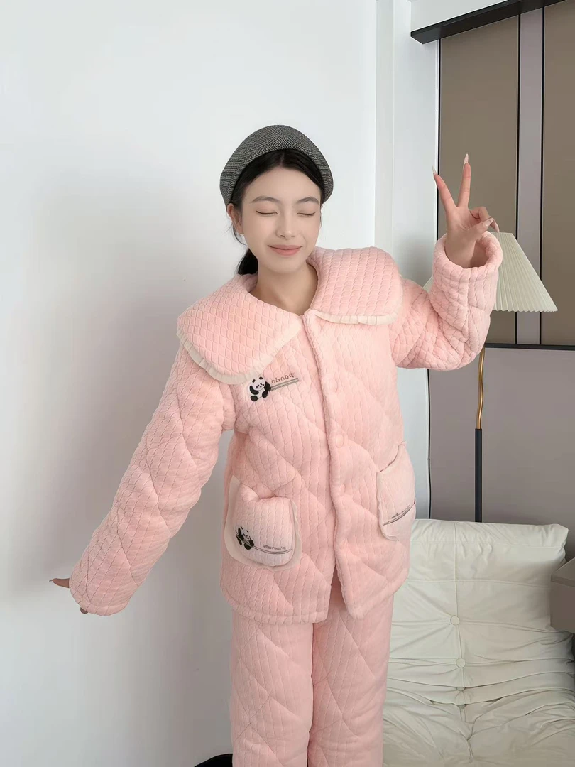 【0241粉花边熊猫】冬季透气睡衣女三层加厚夹棉可外穿家居服