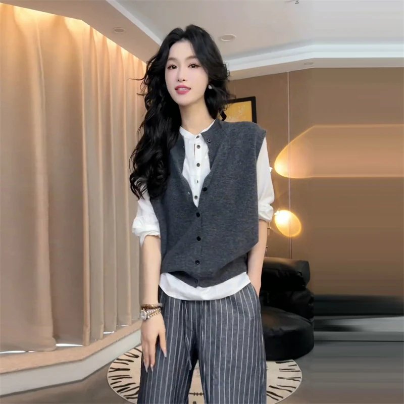 韩系通勤休闲纯色T恤灰色针织马甲套装女2024秋季新款显瘦一整套