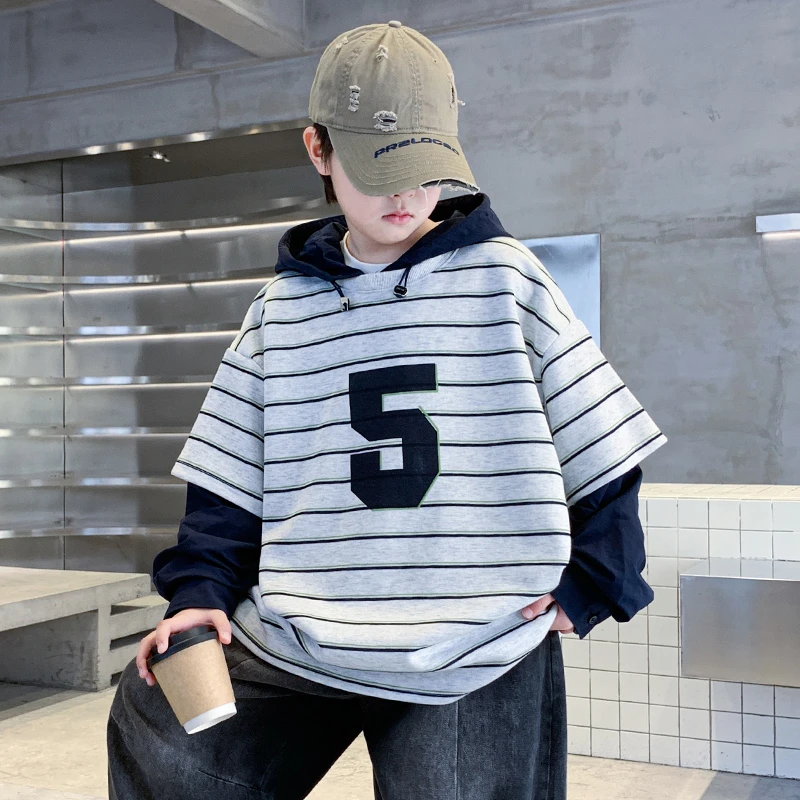 男童春秋款条纹连帽卫衣2025新款儿童秋装假两件大童衣服男孩韩范