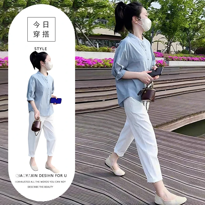 秋季搭配一整套今年流行漂亮盐系时髦气质衬衫高腰九分裤两件套装