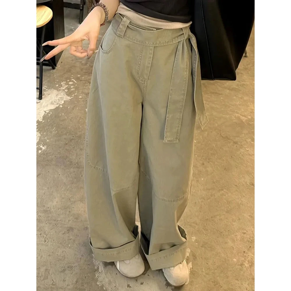 好穿!!小个子复古水洗灰绿色牛仔裤女夏季设计感宽松阔腿拖地裤