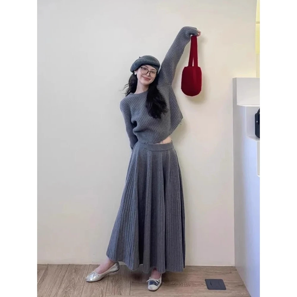 大码温柔风针织套装女胖mm2-300斤秋冬宽松毛衣 高腰半身裙两件套