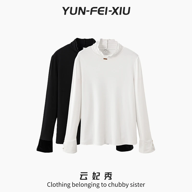 云妃秀大码女T恤褶皱高领拼接时尚宽松显瘦遮肉胖妹妹冬季28199