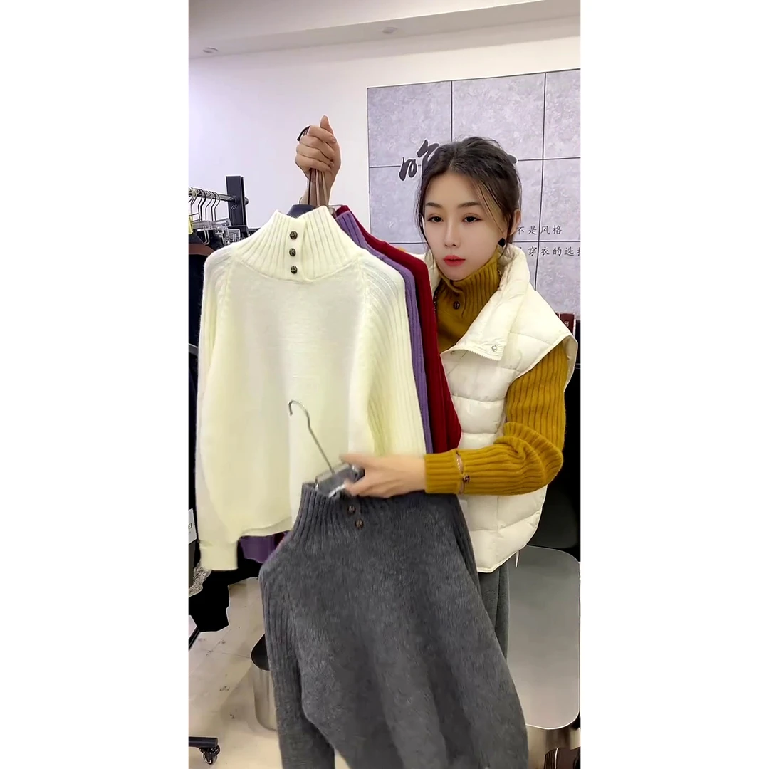 软糯扣领高领慵懒针织毛衣冬季ins宽松通勤风常规款针织衫