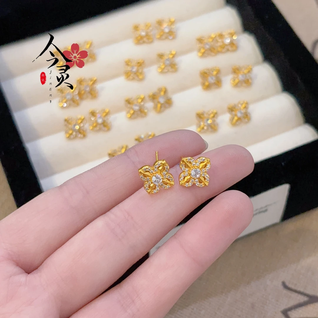 铜合金合成锆石耳饰 气质点钻轻奢十字耳钉精致镶嵌小众百搭