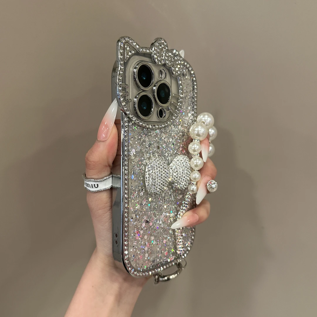 蝴蝶结滴胶镶钻猫咪适用苹果16promax手机壳iphone14/13/12挂绳15