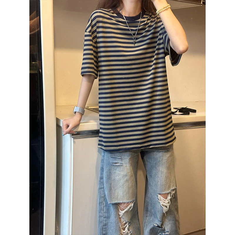 美式复古条纹短袖男款夏季薄款冰丝圆领T恤休闲宽松oversize上衣