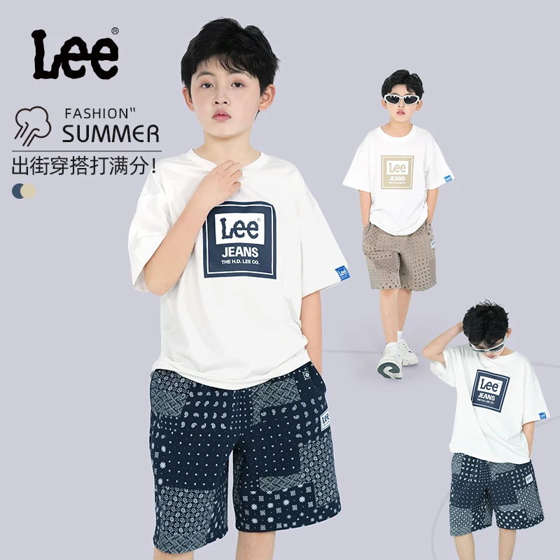 Leekids男童女童短袖套装儿童T恤短裤两件套中大童夏季运动童装