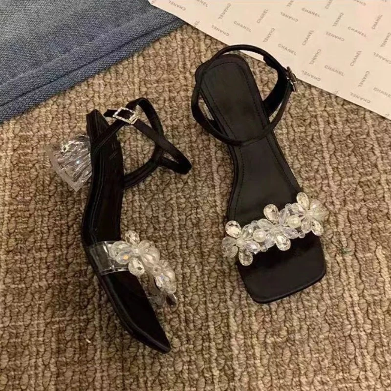 欧美大码女鞋黑色一字带粗跟凉鞋松紧套脚舒适高跟鞋夏季适合胖脚