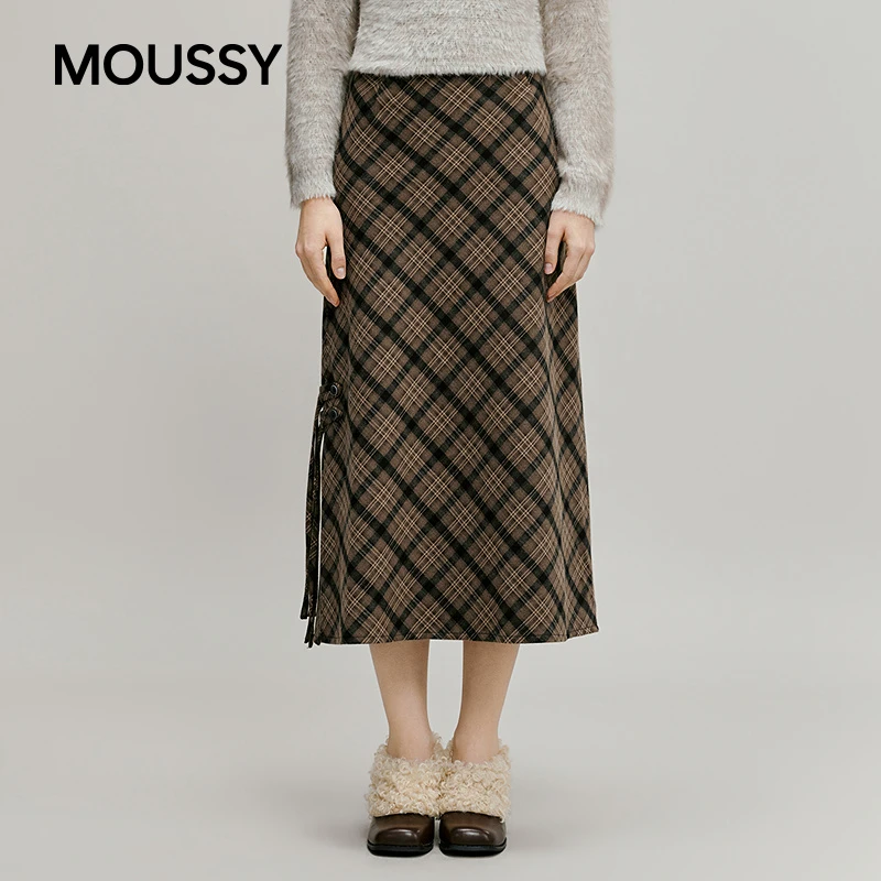 MOUSSY 2026早春新品复古格纹撞色直筒开衩半身裙女028IAA31-1031
