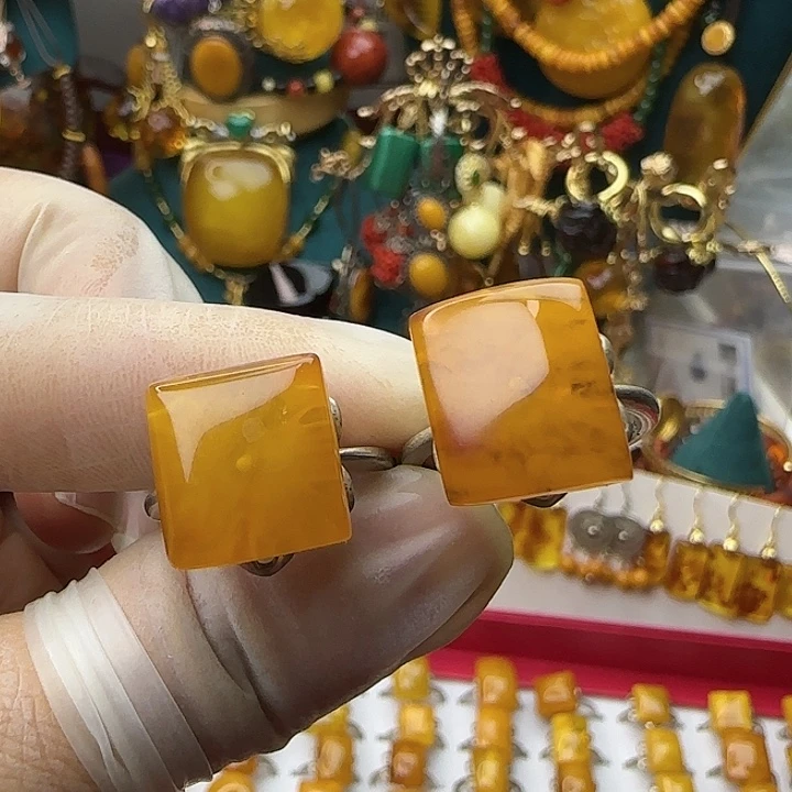 琥珀银S925镶嵌戒指天然