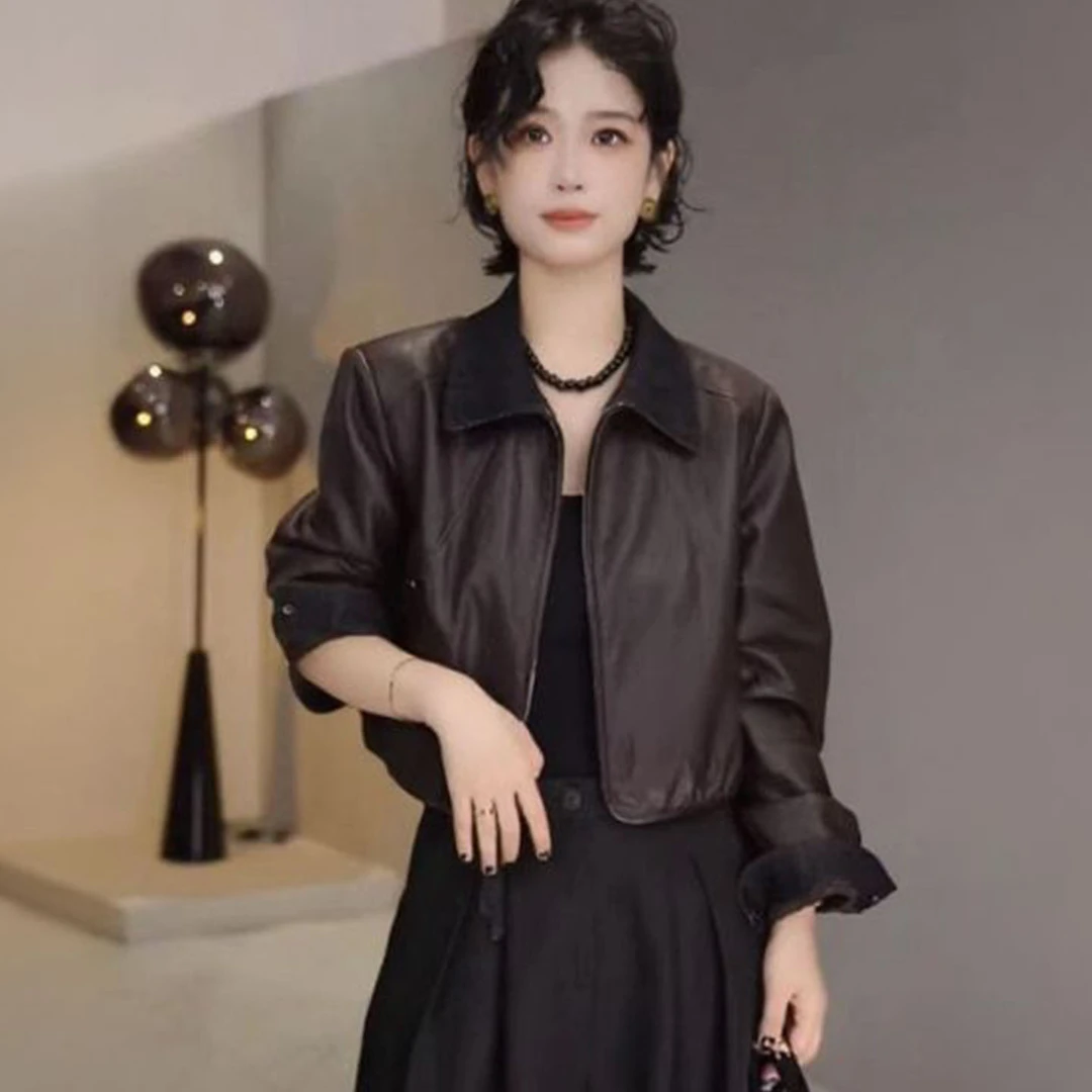 2025秋季新款高级感巨好看的翻领气质减龄百搭撞色短款皮衣外套女