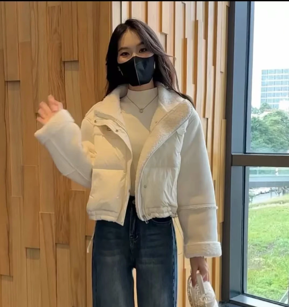 7439立领皮毛一体棉服外套2024秋冬新款加厚宽松短款上衣设计感