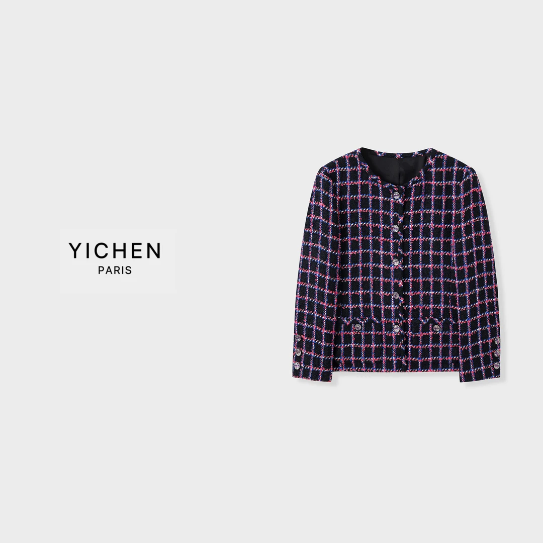 YC 手工坊圆领单排扣流苏花呢格纹外套-1701