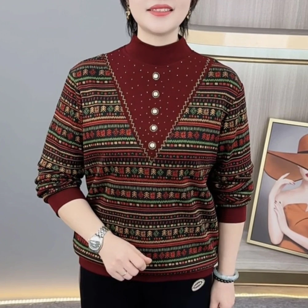 冬季新款半高领烫钻中老年妈妈装加绒保暖柔软宽松长袖上衣H926