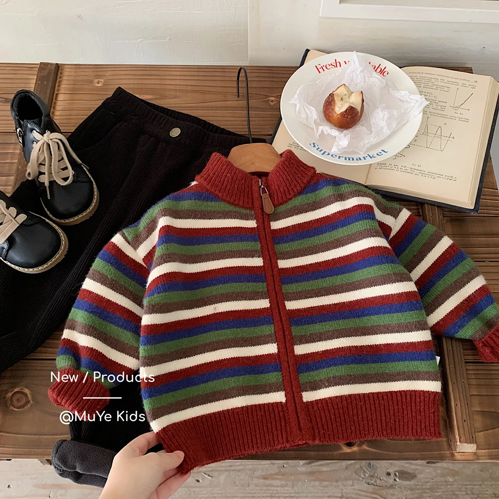 儿童冬季毛衣2025新款宝宝衣服韩版加厚保暖上衣条纹男童针织外套