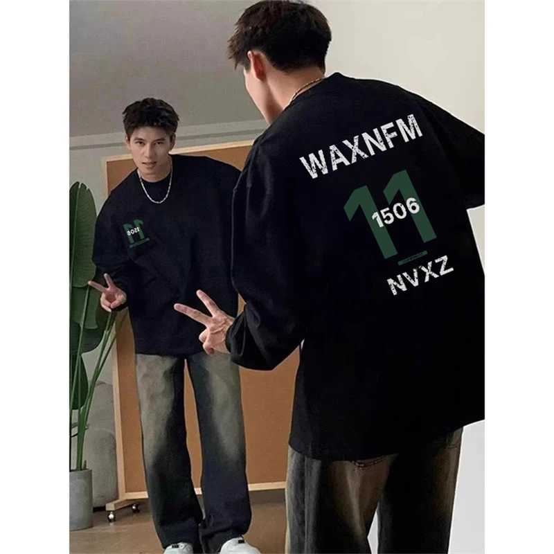 潮牌字母印花纯棉长袖T恤男女秋冬季宽松oversize上衣百搭打底衫