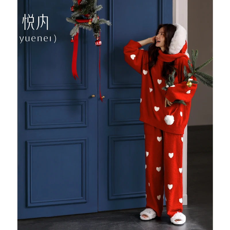 悦内半边绒睡衣女款秋冬季冬款珊瑚绒加绒保暖厚家居服红色本命年