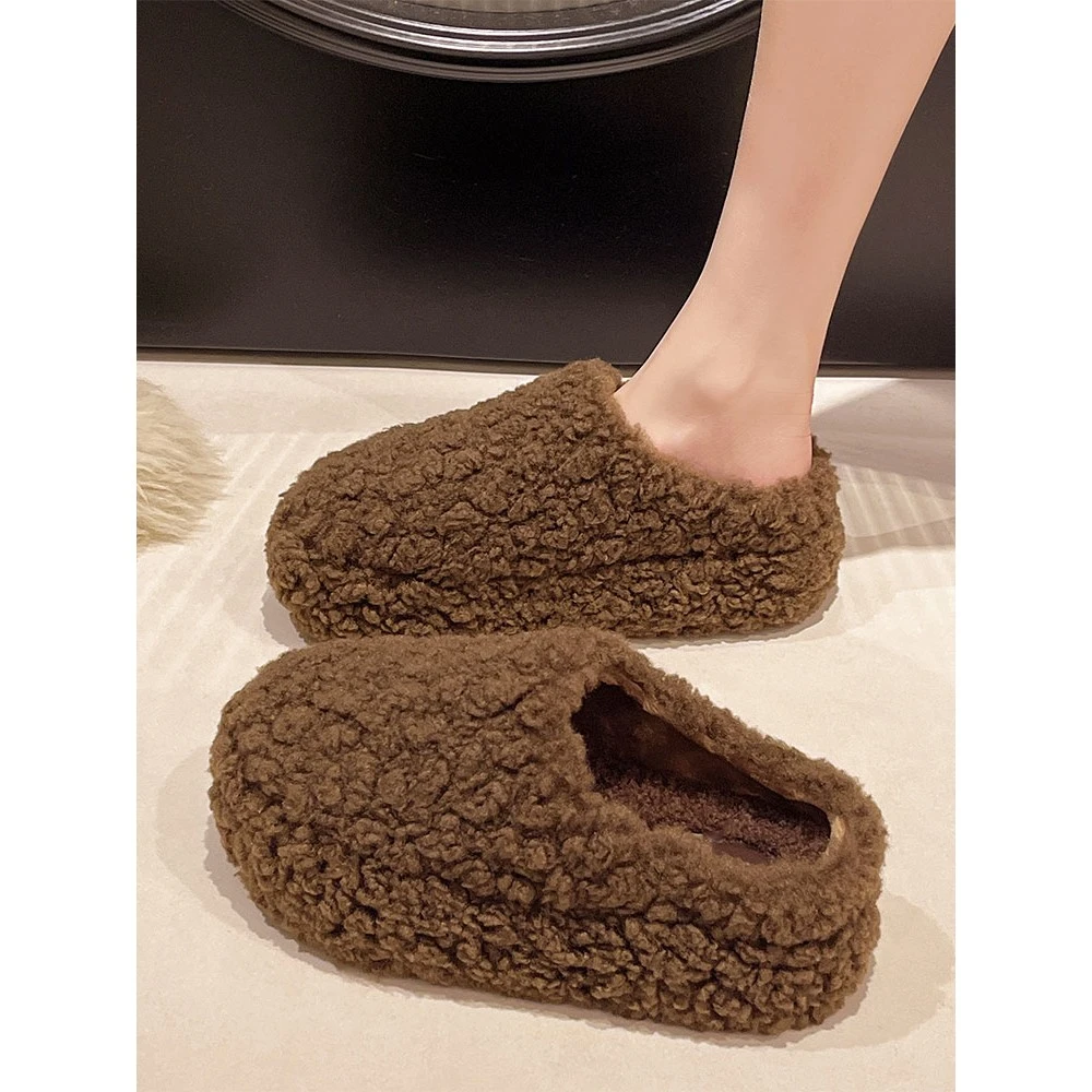 松糕厚底包头毛毛拖鞋女外穿2025秋冬新款保暖加绒一脚蹬增高棉拖