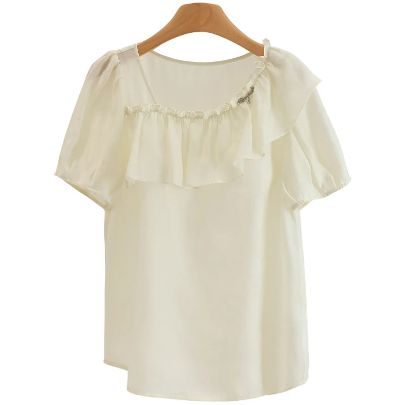 M-【主播上身款】荷叶边斜领宽松纯色套头衬衫#BHX56S001