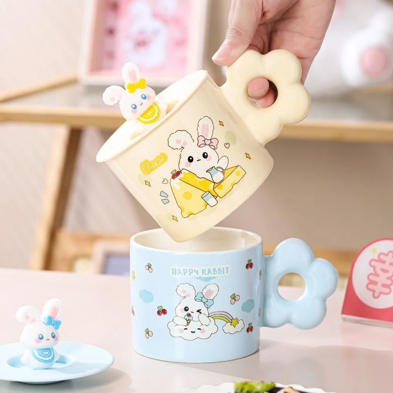 可爱陶瓷杯带盖家用水杯牛奶杯咖啡杯高颜值卡通马克杯办公室茶杯
