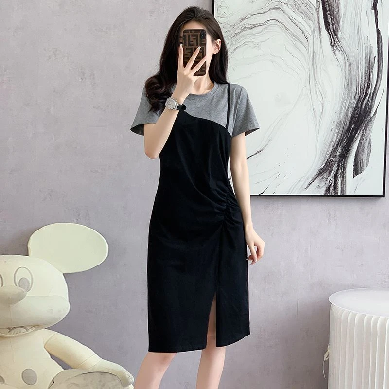 实拍2025夏季新款连衣裙中长款T恤裙撞色拼接假两件大码连衣裙