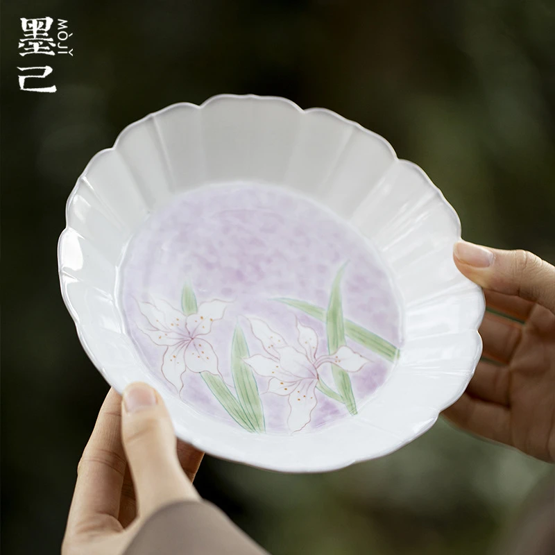 墨己玉泥白瓷手绘百合花陶瓷壶承茶道配件干泡台墨染花口茶点盘