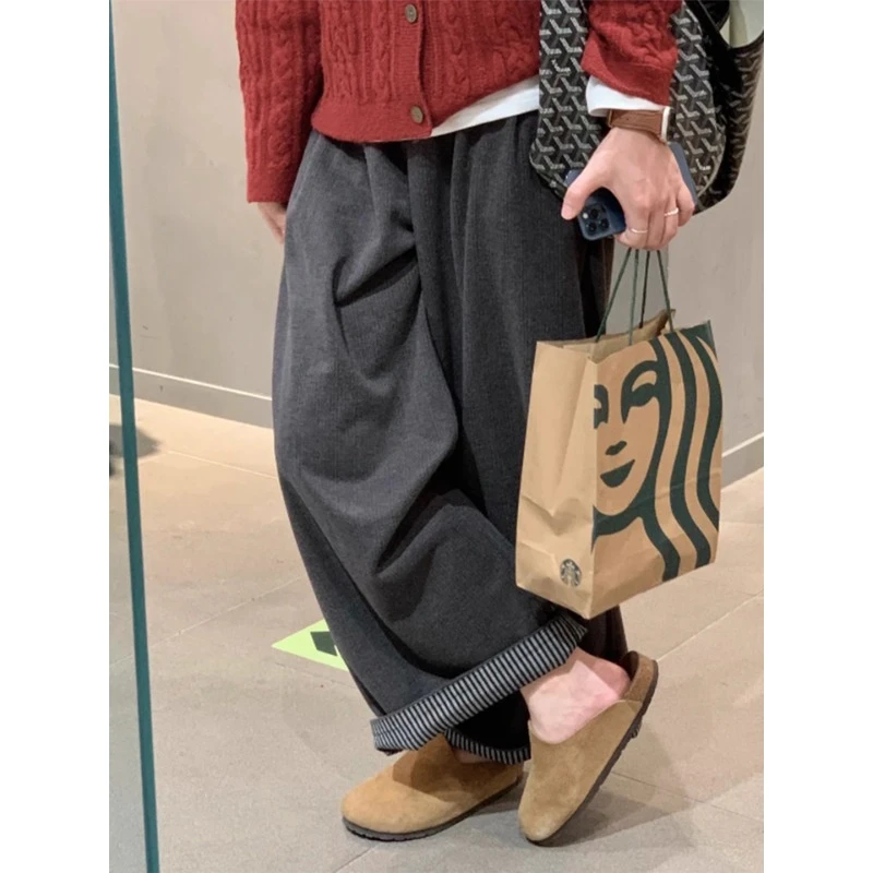 灰色加绒阔腿裤大码女装秋冬新款胖mm宽松显瘦休闲卷边直筒毛呢裤