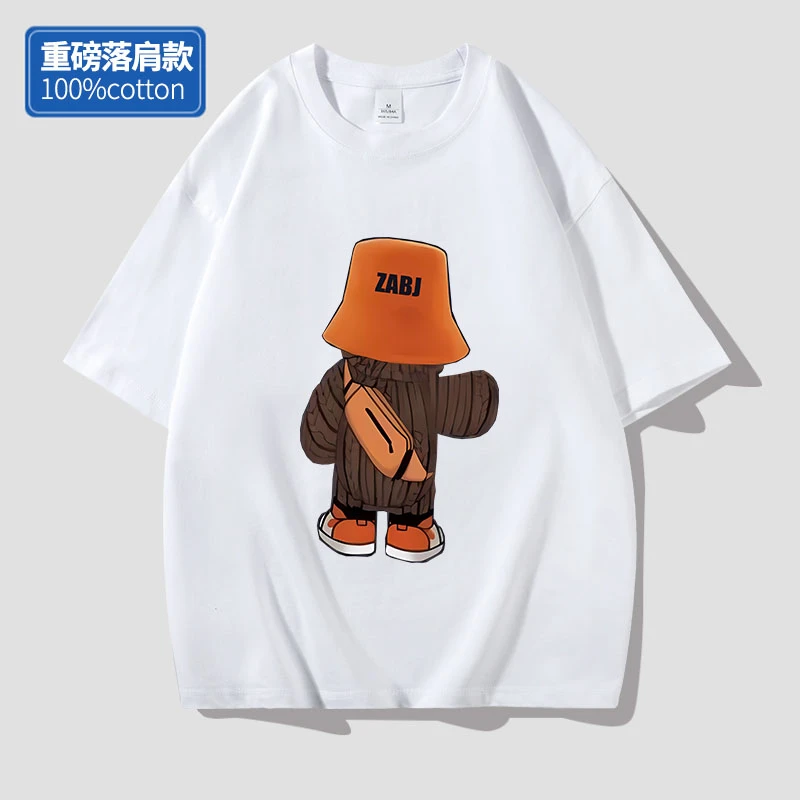 新款260重磅纯棉纯色短袖T恤百搭印花落肩圆领半袖男生