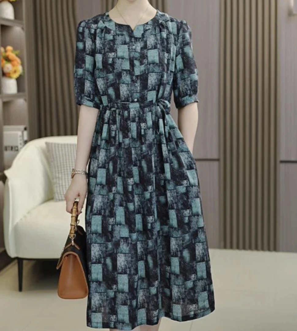 【撤柜限量款】夏季时尚减龄蓝色格气质修身时尚休闲高端经典妈妈装