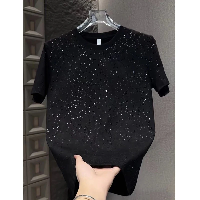 夏季新款男士满天星烫钻短袖欧货休闲纯色百搭轻奢痞帅男装