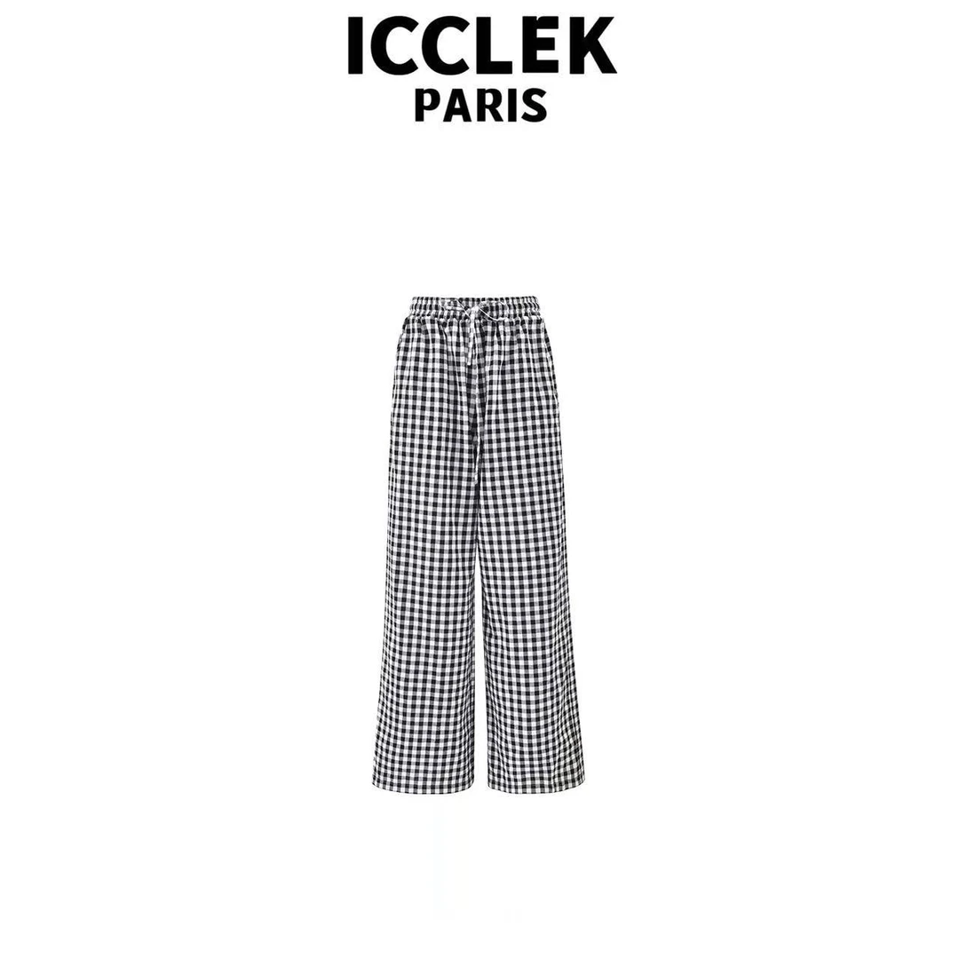ICCLEK 黑色格子百搭直筒宽松经典休闲阔腿裤通勤显瘦 - 5973