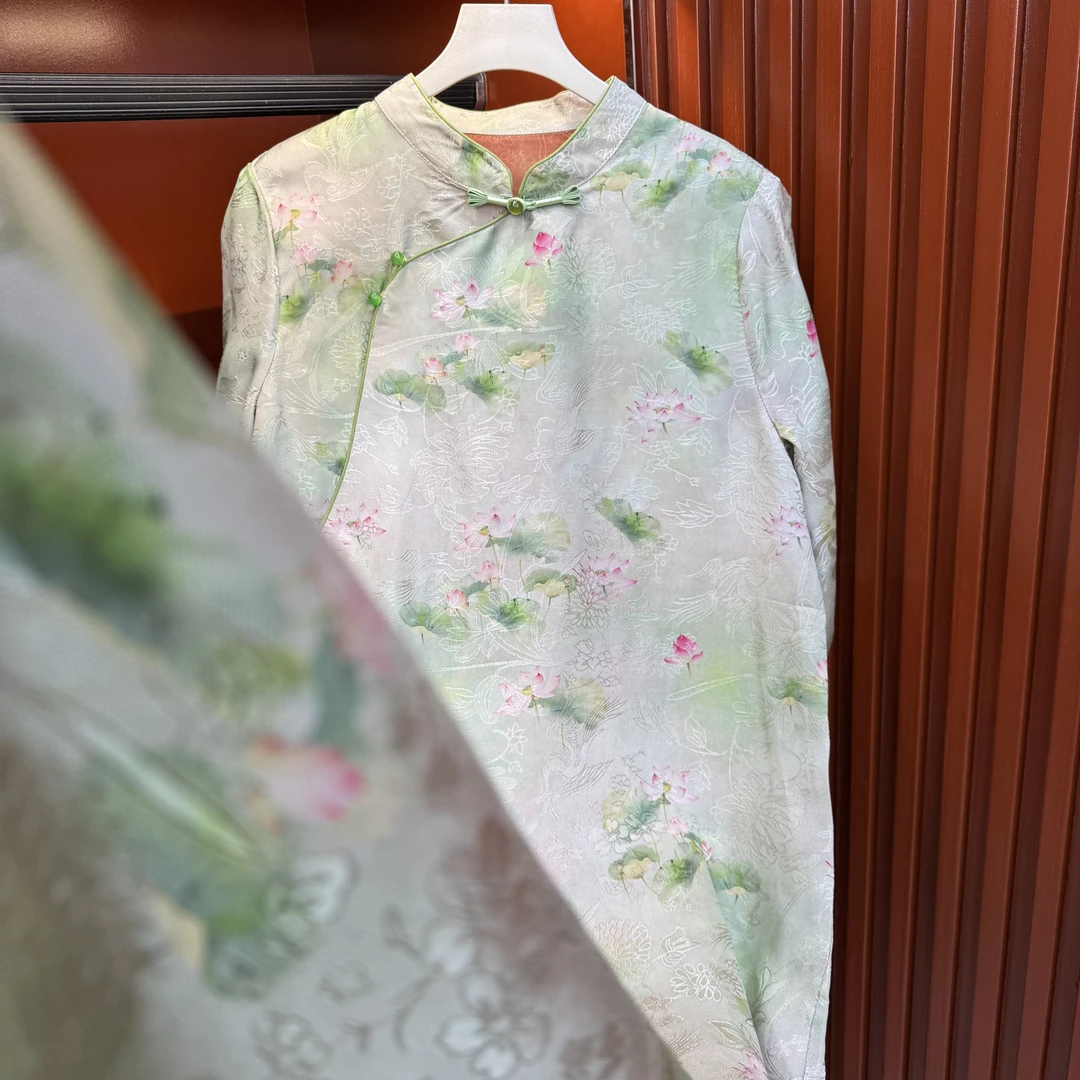 【碧莲】A字裙新中式七分袖长裙刺绣旗袍双层日常中国风气质