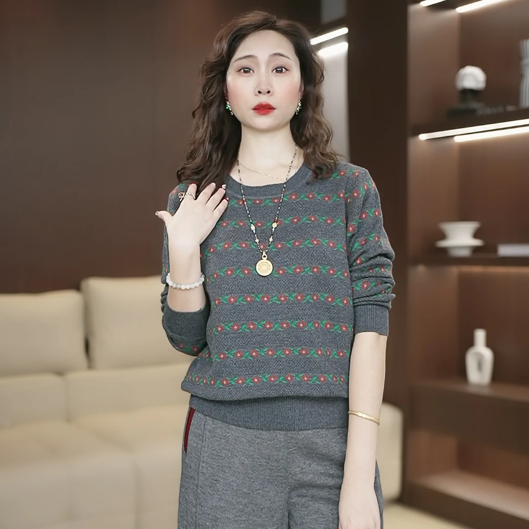 复古提花圆领毛衣女秋冬新款宽松显瘦百搭针织衫内搭打底上衣3625
