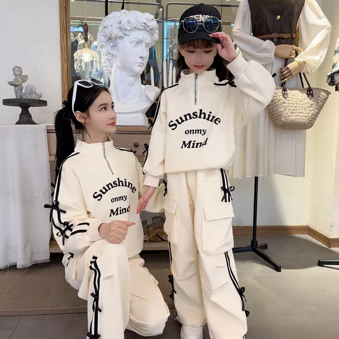 2025秋季女童亲子蝴蝶结织带运动工装套装