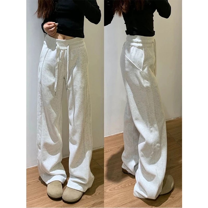 2025春白灰色显瘦高腰运动裤女春款新款休闲宽松直筒窄版阔腿卫裤