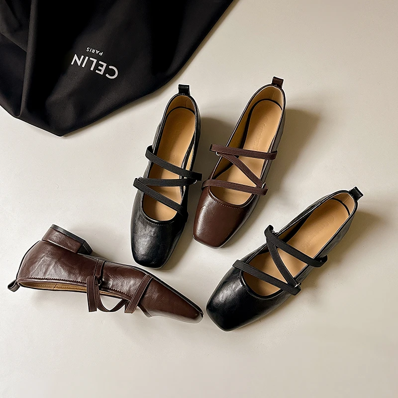 3厘米软皮新款低跟时尚方头交叉带玛丽珍鞋法式复古风浅口单鞋
