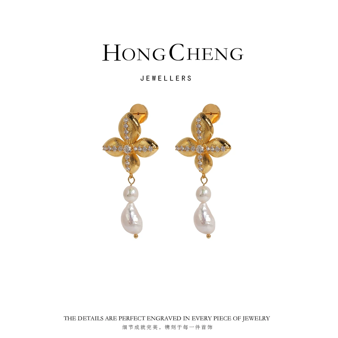 天然珍珠拉丝精工细雕耳环NL7558-343