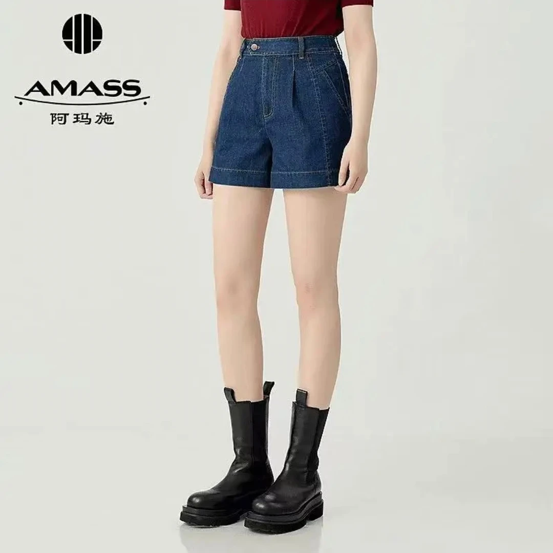 阿玛施夏季深蓝色高腰显夏季高腰显瘦牛仔