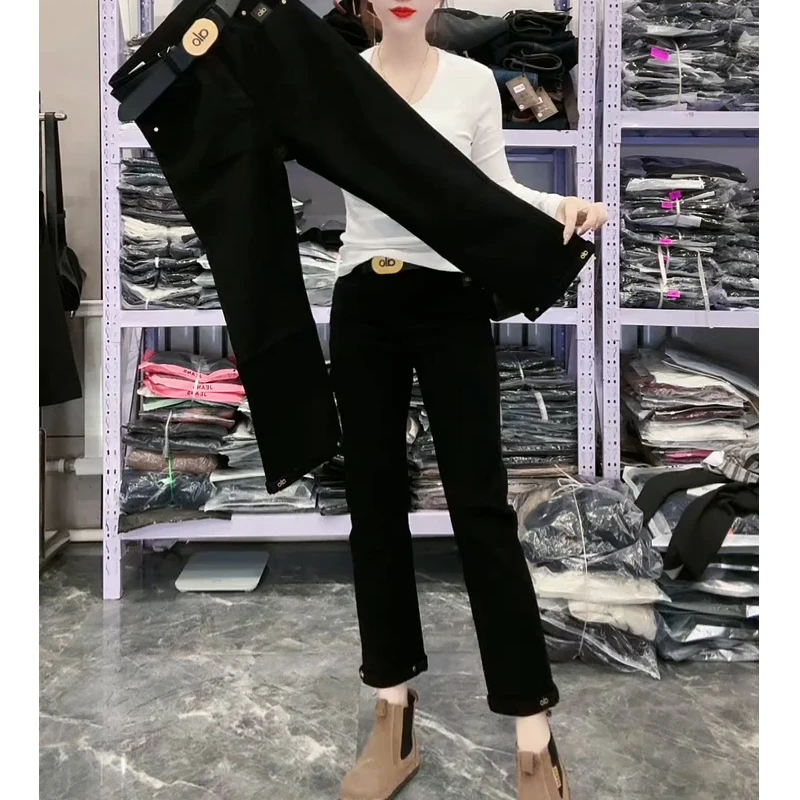 黑色高腰弹力九分法棍牛仔裤女秋冬加绒宽松显瘦小个子直筒烟管裤