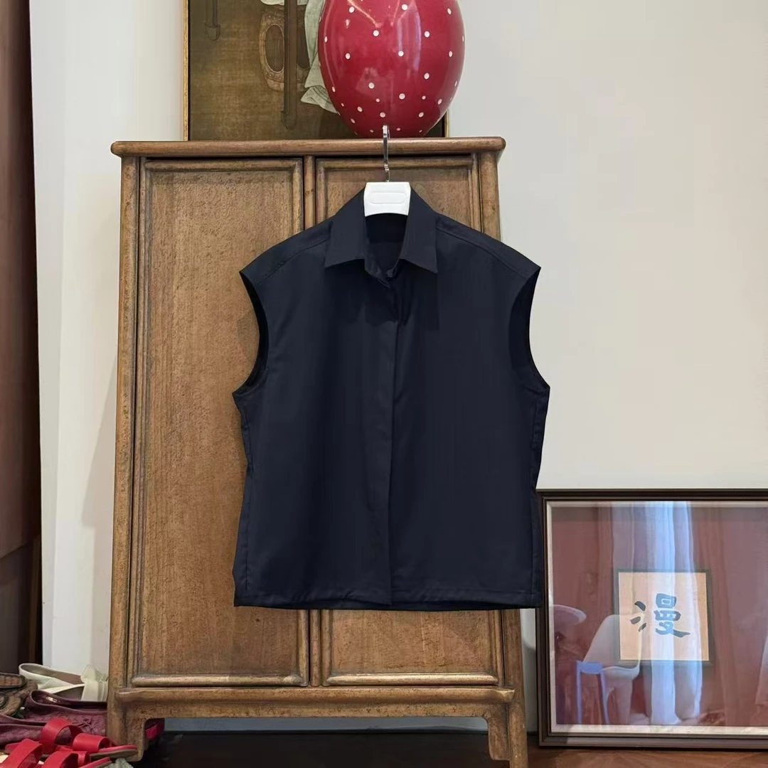 MYL 2025夏季新品羊毛藏青马夹衬衫领无袖单排扣宽松百搭马甲