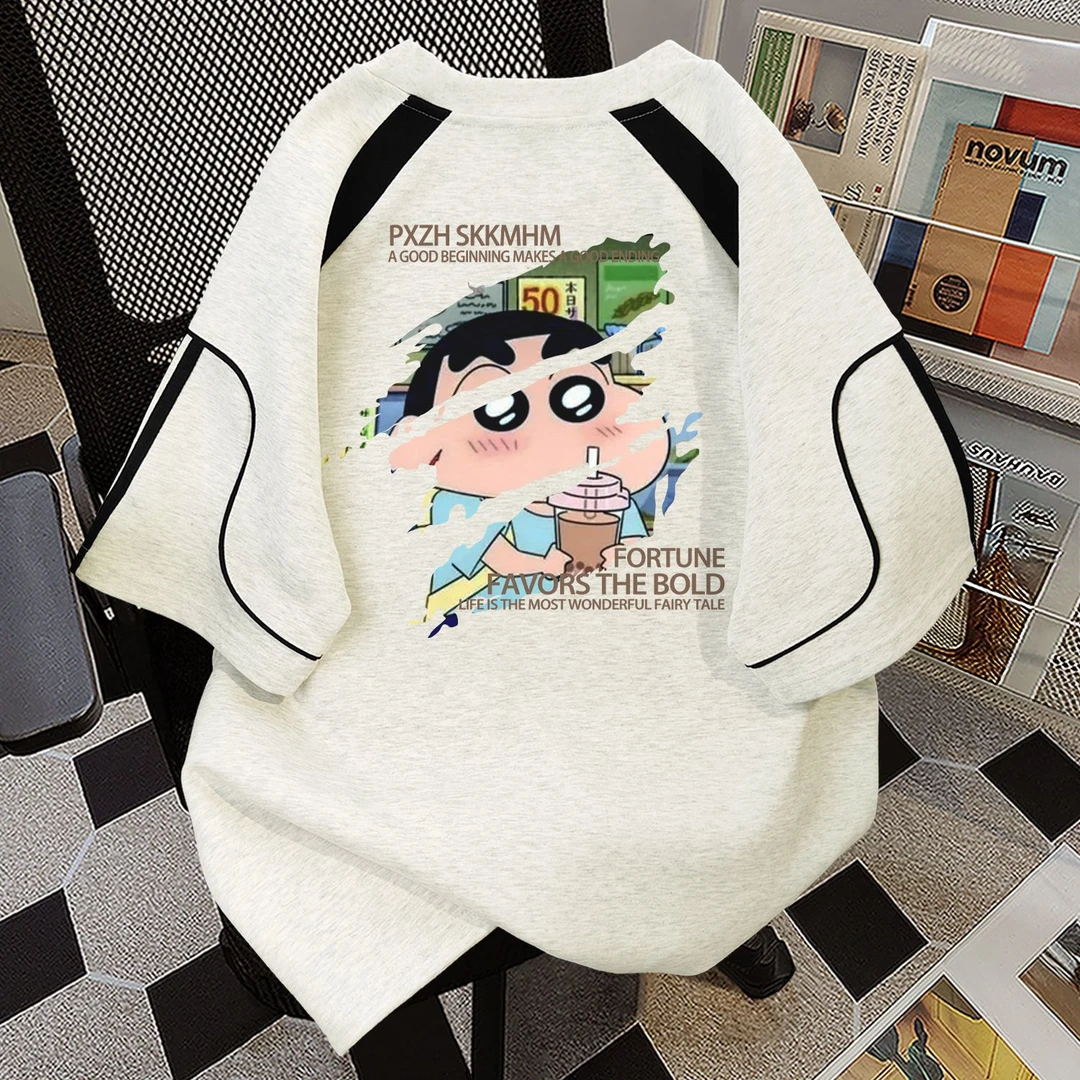 100%纯棉蜡笔小新字母短袖t恤男女夏季新款休闲圆领街头情侣上衣