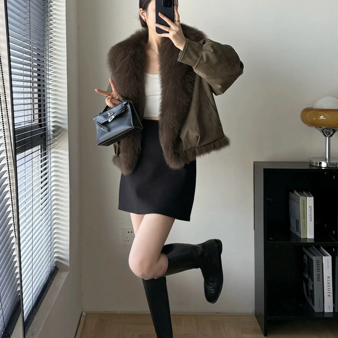 2025秋冬新款大毛领机车短款狐狸毛皮草外套女派克羽绒服冬季8732