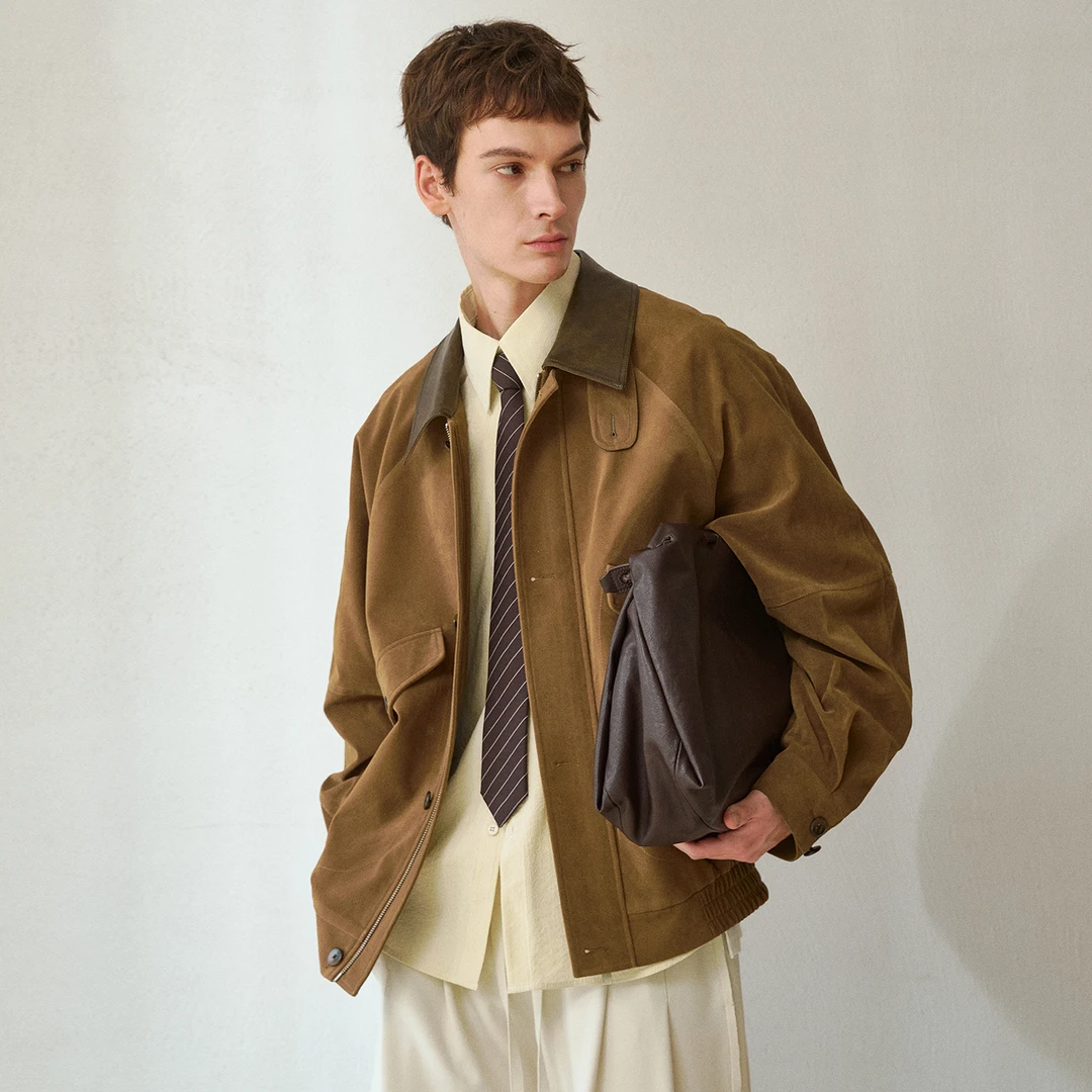 复古仿麂皮绒拼接翻领外套男士2025新款春秋季休闲老钱风工装夹克