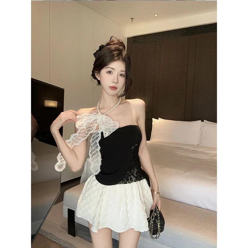 高级感法式珍珠链蕾丝拼接设计感抹胸上衣蓬蓬短裙女芭蕾风套装裙