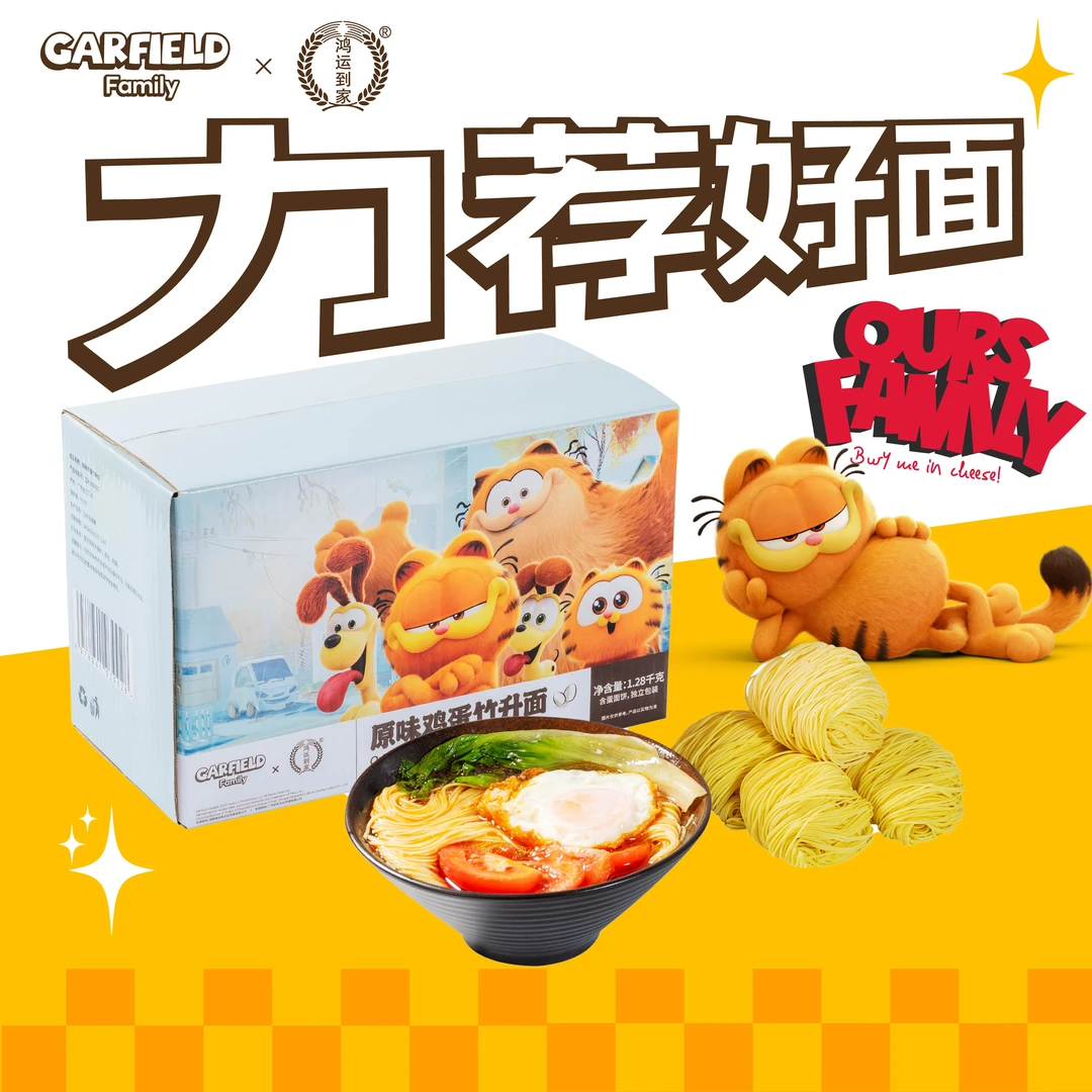 鸿运到家加菲猫家族竹升面鸡蛋面非油炸炒面早餐宵夜云吞面拉面