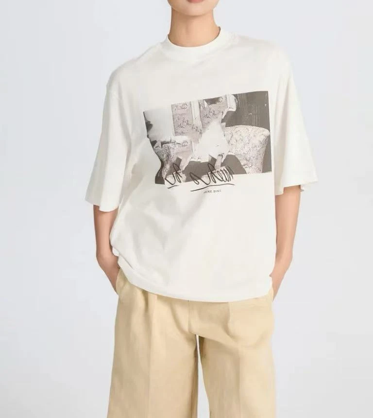 美式复古米克人物印花高支柔棉廓形简约百搭休闲显瘦短袖25070545