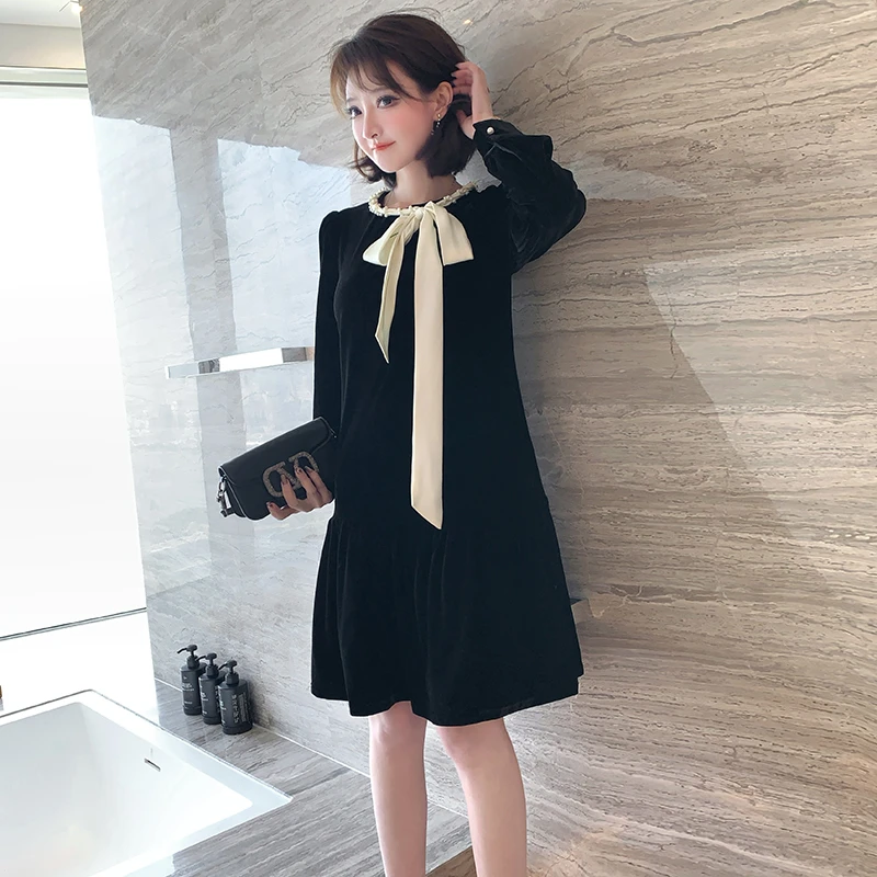 【现货】MIUCO丝绒小黑裙钉珠蝴蝶结飘带领花苞荷叶摆连