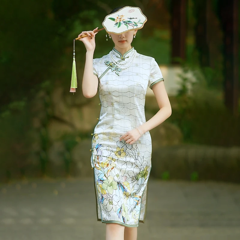 金吴针53047 53050【花妖金】全开襟夏季短袖旗袍单层醋酸高档日常