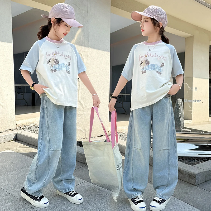 女童夏装短袖套装中大童女孩夏季薄款弯刀牛仔裤2025新款洋气宽松